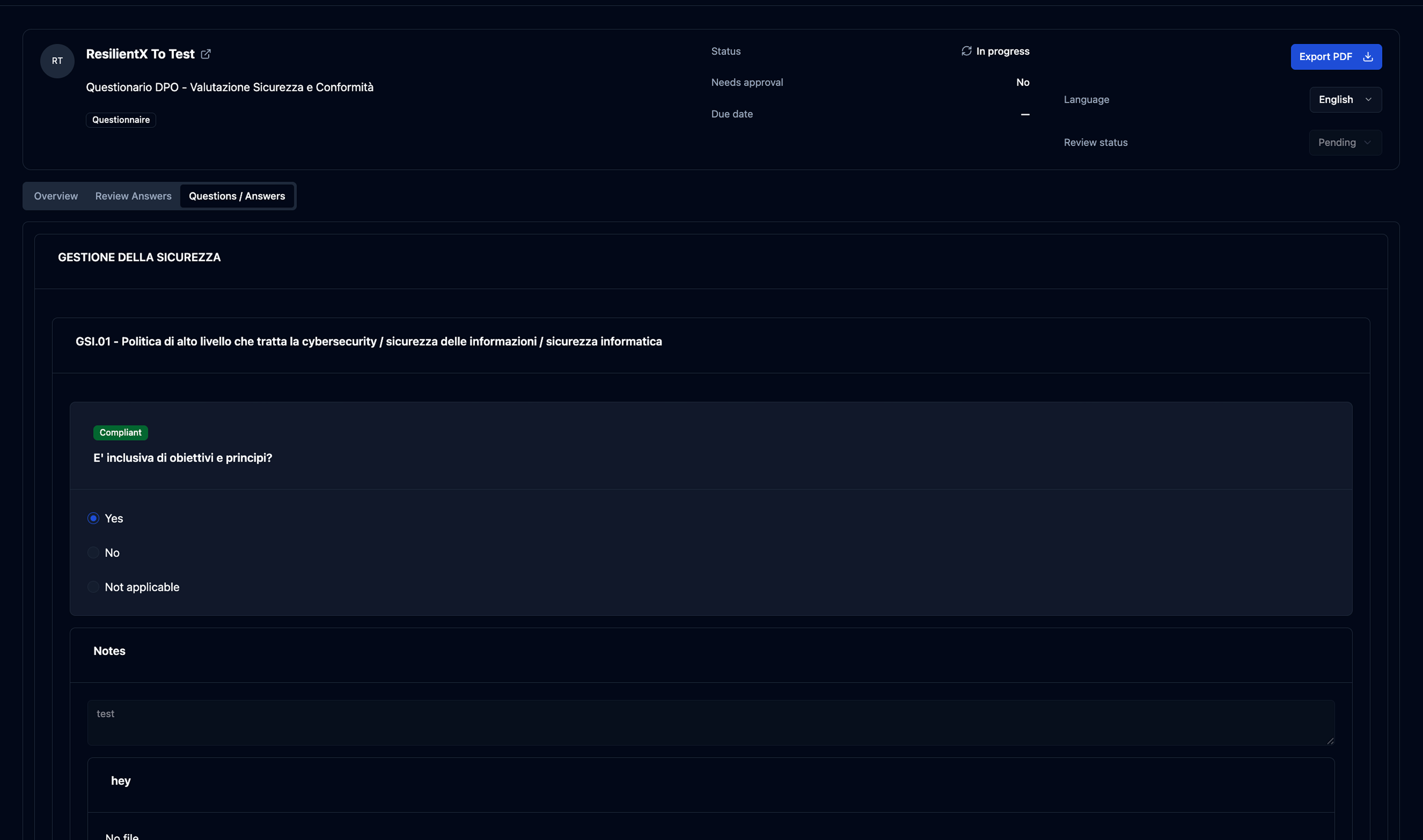 Legacy audit review UI &mdash; a flat scroll of question/answer cards with evidence in a separate tab and no rolled-up framework state