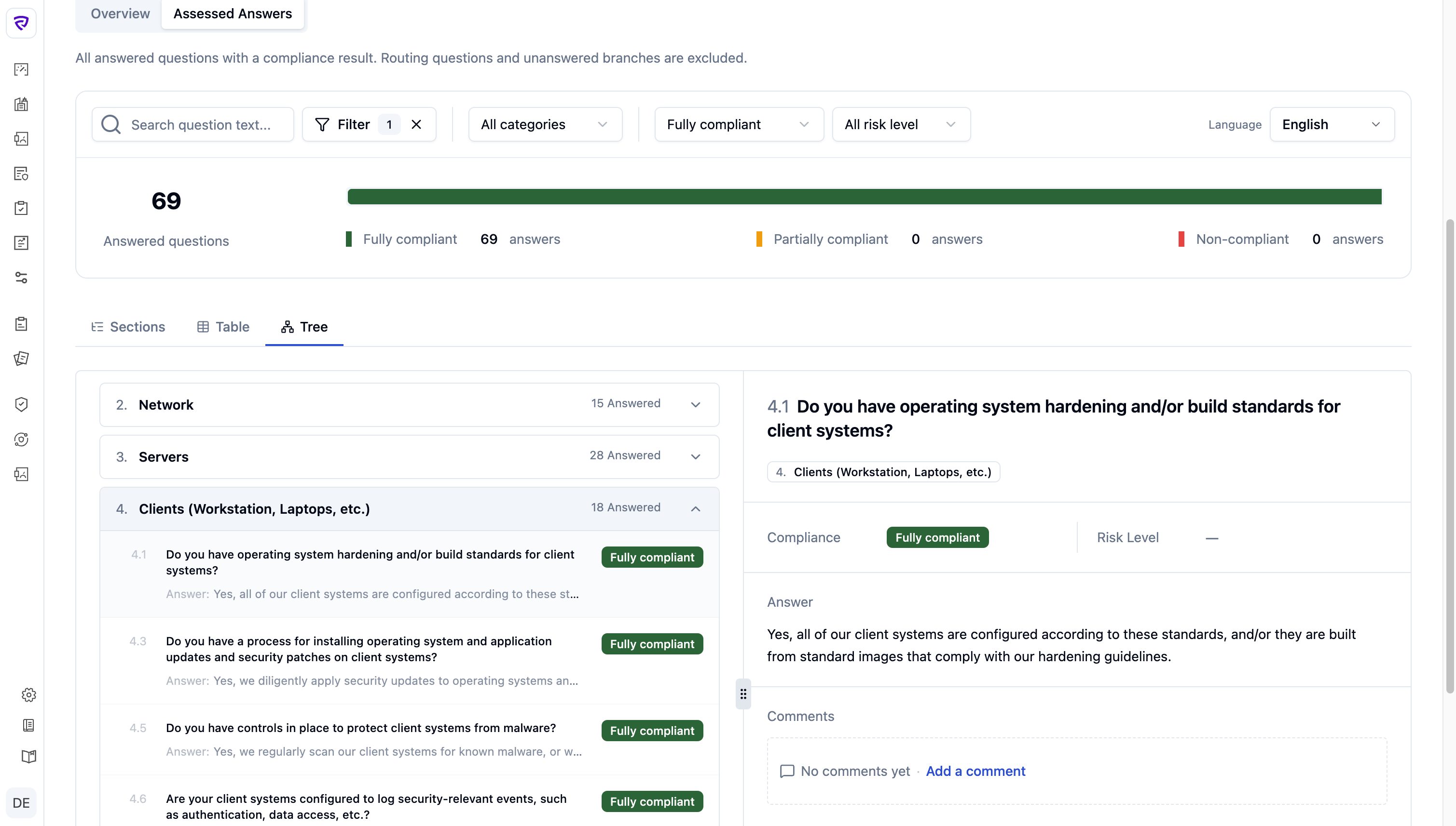 Audit Review Workspace — Tree view with framework hierarchy and the question detail slideout open