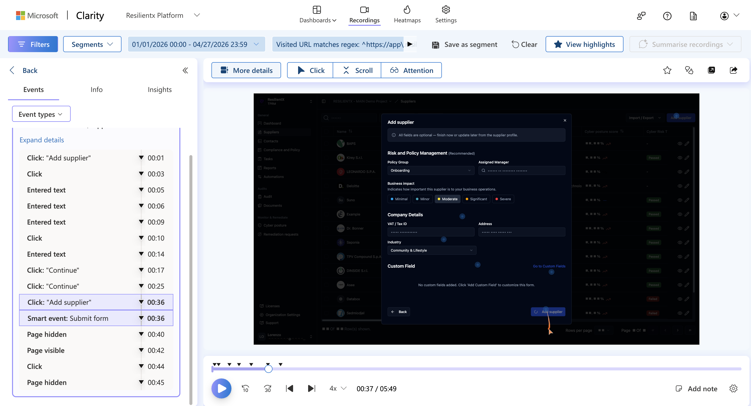 Clarity session recording — supplier added in 36 seconds