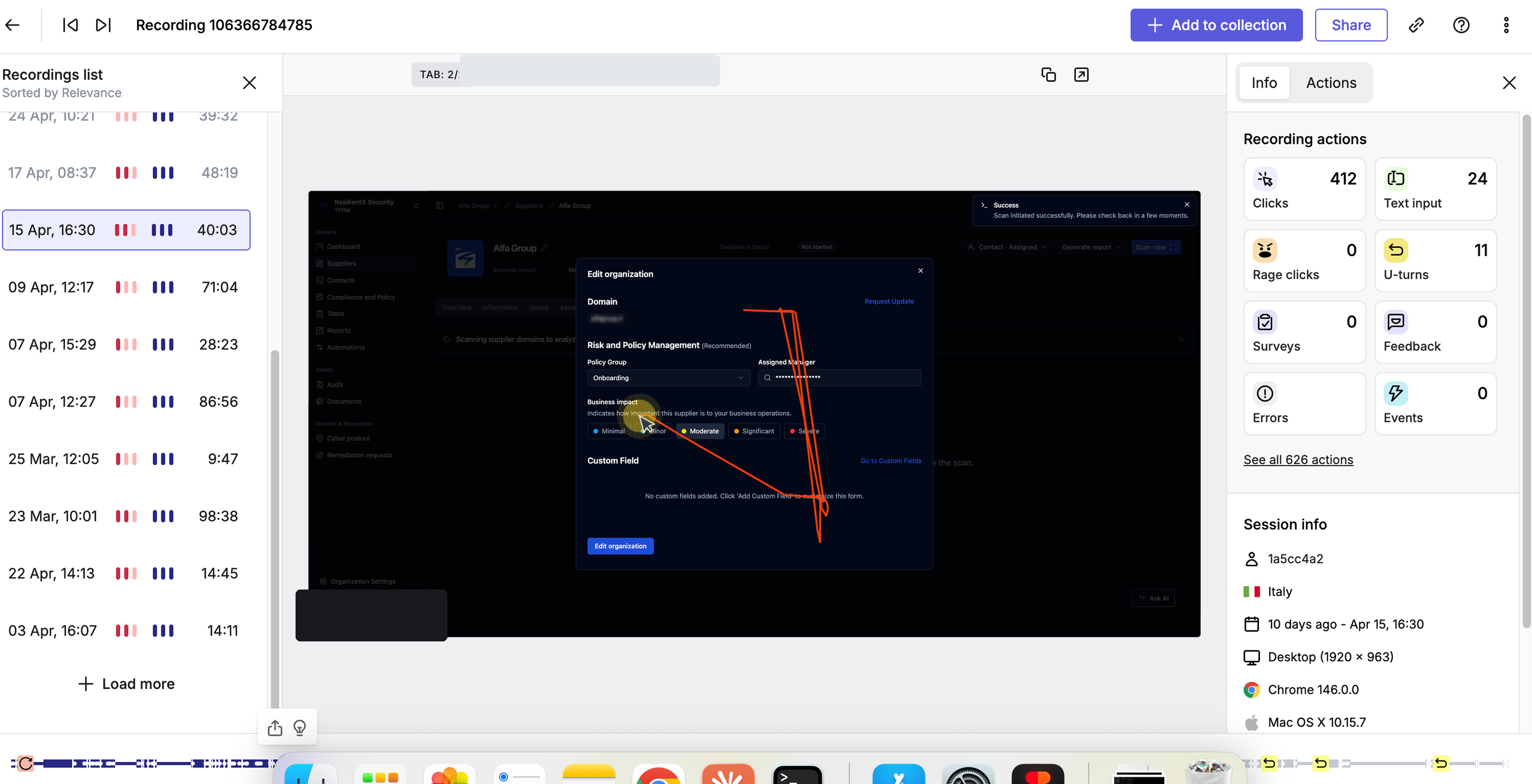Hotjar session recording — users briefly scanned the original dashboard before navigating away