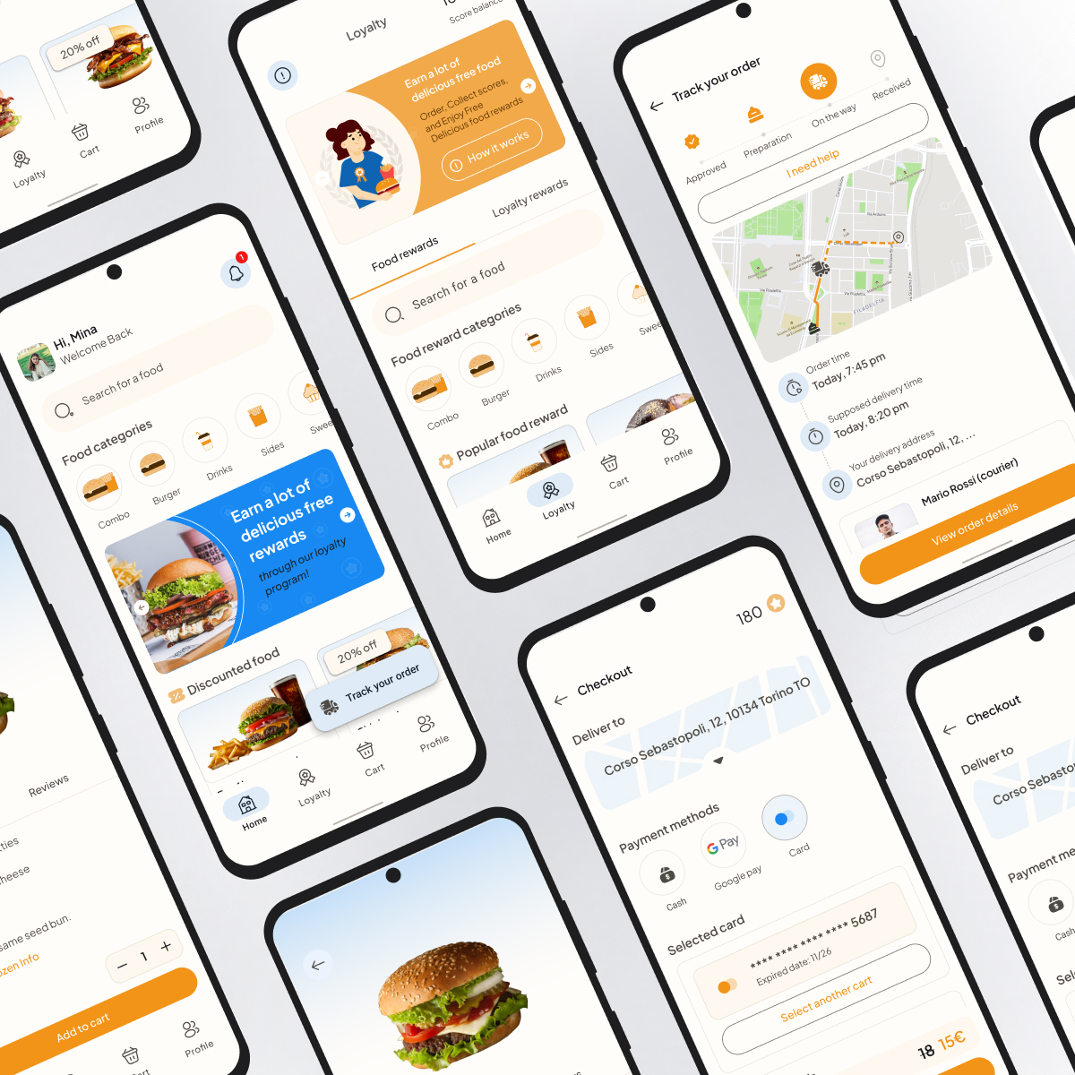 Burgermania app — multi-screen overview of homepage, loyalty, order tracking and checkout flows