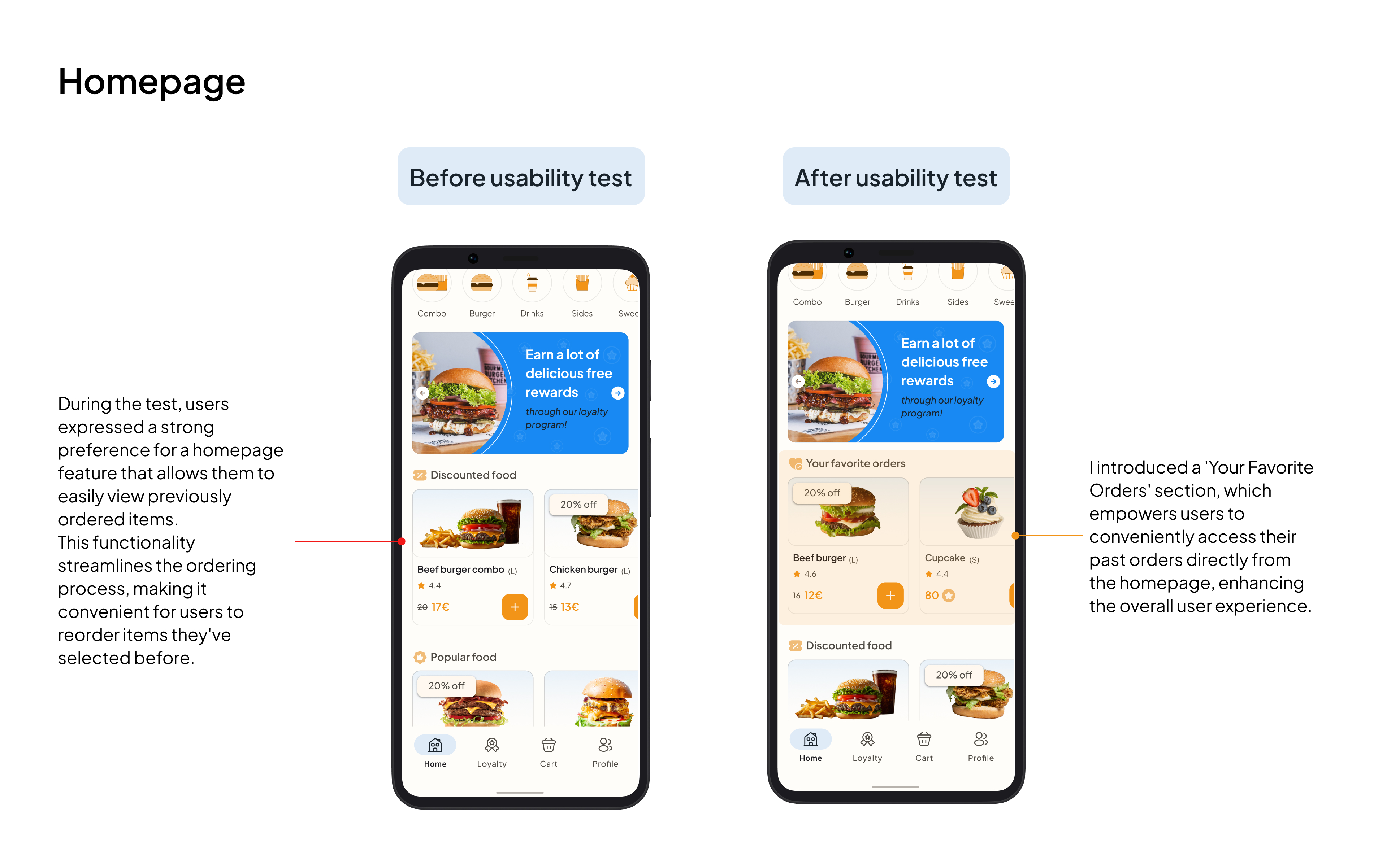Homepage — before and after usability test. Added a 'Your favorite orders' section so users can reorder past items directly from the homepage.