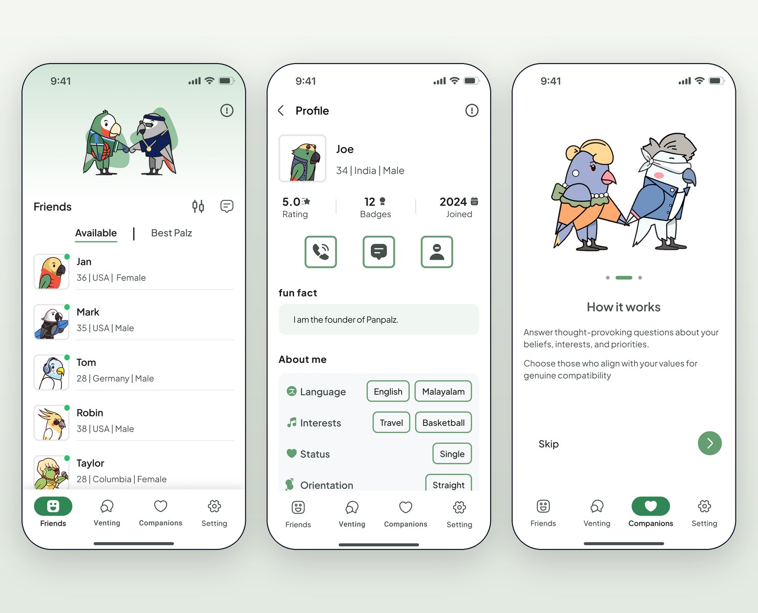 Panpalz — consumer social app screens